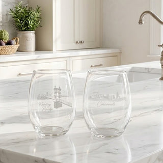 City Etched Stemless Wine Glasses - Set of 2