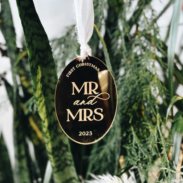 First Christmas as Mr and Mrs Gold Mirrored Ornament