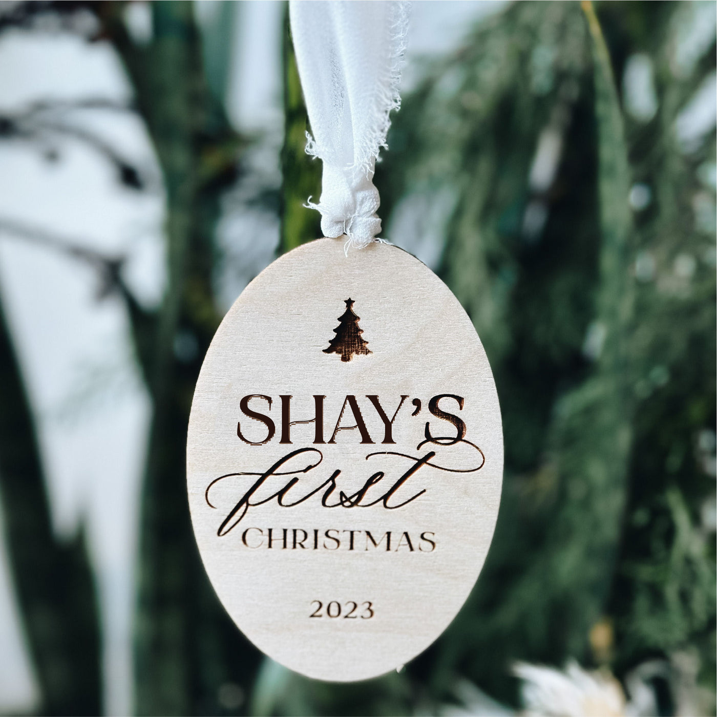 Silver baby's first christmas ornament 2024 personalized