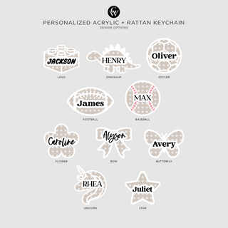 personalized acrylic + rattan keychain design options
