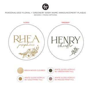 personalized floral baby name announcement plaque design + finish options