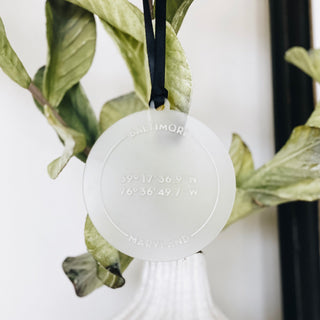baltimore city coordinates frosted acrylic ornament with white paint fill