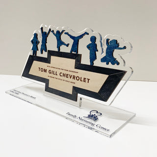 custom acrylic award for business with company logo and acrylic base 