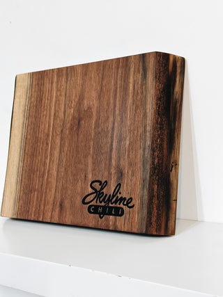 custom cutting board with engraved skyline chili logo in corner 