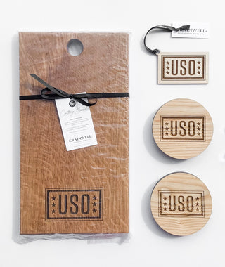 custom cutting board and coasters with engraved company logo 