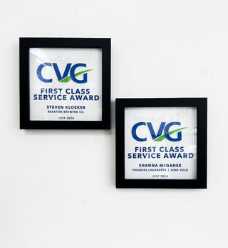 framed award with green and blue acrylic company logo and acrylic lettering