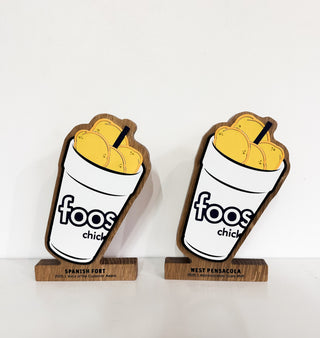 hardwood awards in the shape of a lemonade cup with lemons, layered painted wood on oak wood, engraved lettering on base