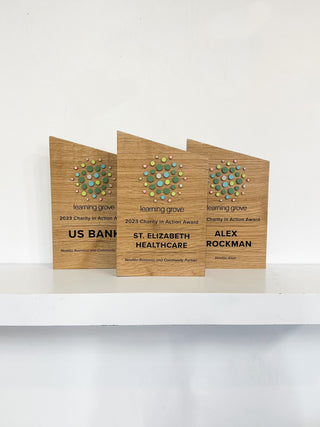 slanted oak hardwood awards with engraved text and raised colorful dots