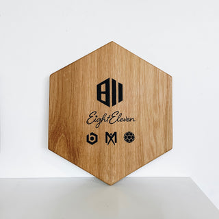 custom hexagon cutting board with engraved company logos and name
