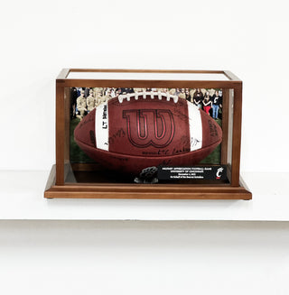 signature award plexi glass box with wood trim and small acrylic plaque, football displayed inside 