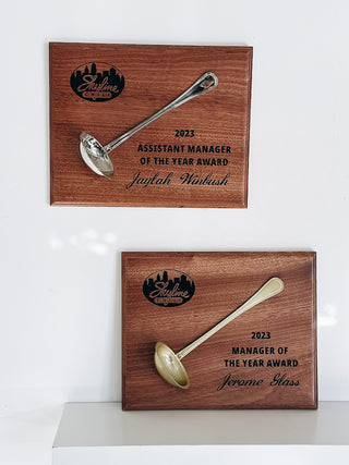 sapele signature award with engraved text and 3D ladle attached 