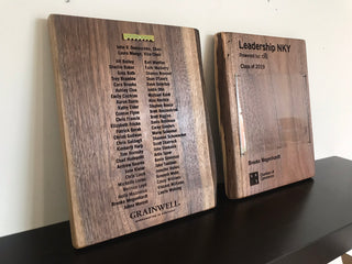 walnut signature award plaque with front and back engraved text, acrylic frame for photo on front