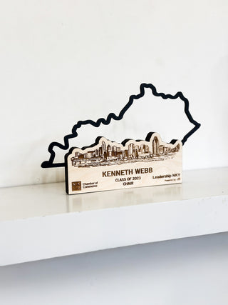 slim wooden award with kentucky outline and plexi glass filling, engraved wooden base 