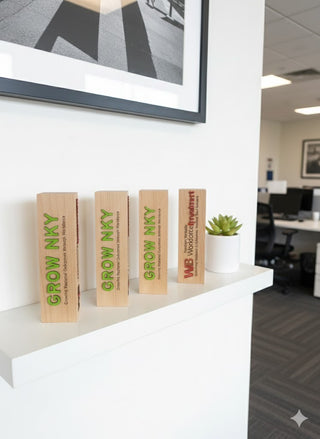 solid wood pillar award with company name and engraved words