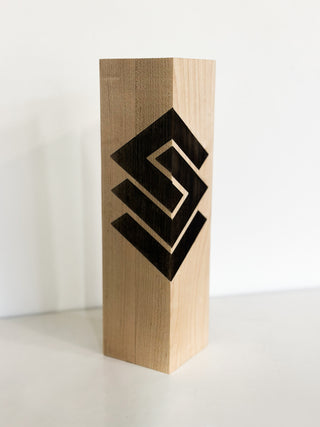solid wood pillar award with engraved company logo 