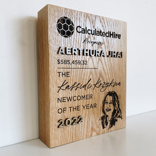 oak thick wood profile award with engraved text and image and raised wood lettering
