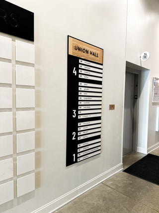 black and white acrylic directory with some wood, rows of acrylic slabs with company names 