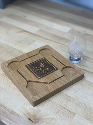 custom wood drink serving board in the shape of a diamond with engraved company logo in center