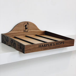 custom wood product display bin with engraved company name and logo and engraved fruit on sides