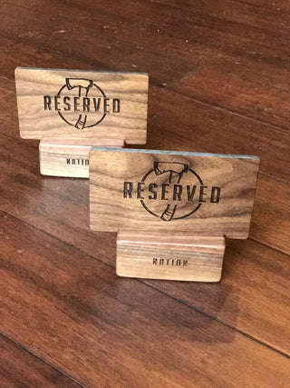 custom wood reserved plaques with engraved company logo and name