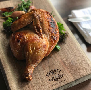 custom wood serving board for restaurant with engraved company name and logo