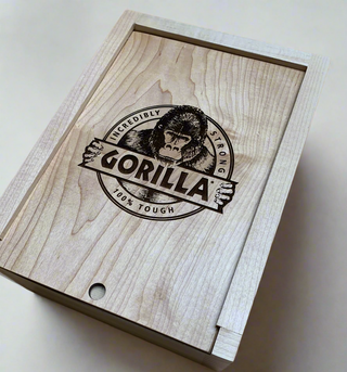 custom wood box with slide top and engraved company logo