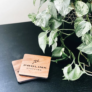 custom wood coasters square shaped with engraved company logo and name 