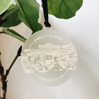 findlay market frosted acrylic ornament with white paint fill