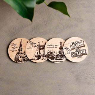 local image engrave maple coasters - mother of god church, roebling bridge, fountain square, skyline chili