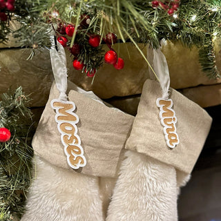 personalized acrylic stocking tags with gold paint fill