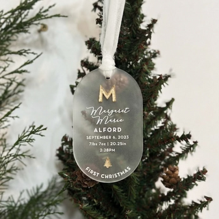 personalized baby stats ornament frosted acrylic with gold paint fill