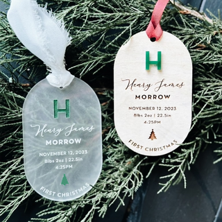 personalized baby stats ornament birch wood and frosted acrylic