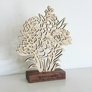 personalized birth month flower bundle with walnut base