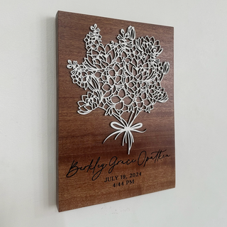 personalized floral birth month plaque white painted birch layered on sapele