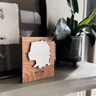 personalized silhouette hard wood sign white painted birch layered on oak wood