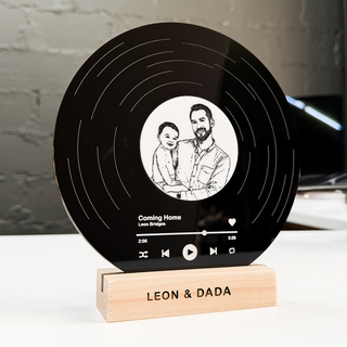 personalized black glossy acrylic song + image vinyl record with white acrylic layered for father's day side view