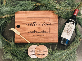 personalized city gift set with custom cutting board, wine tag, custom coasters