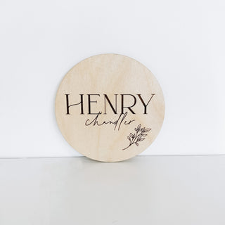 personalized floral baby name announcement plaque engraved on birch wood with lacquer clear