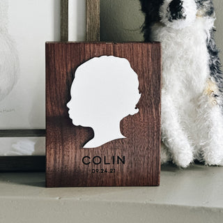 personalized walnut silhouette sign with white paint layered silhouette