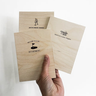 retirement woodstock card birch wood golf, cheers, book designs 1
