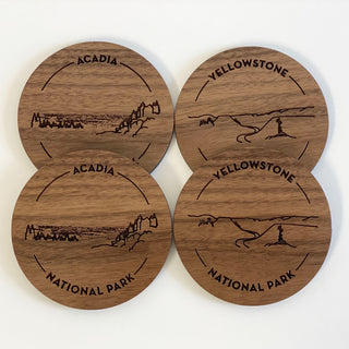 acadia and yellowstone national park walnut coasters