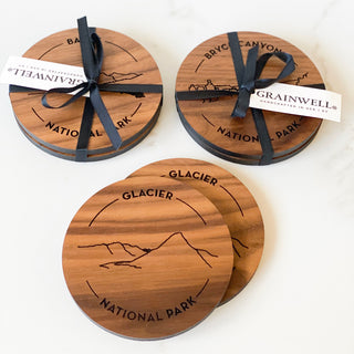 banff, bryce canyon, and glacier national park walnut coasters