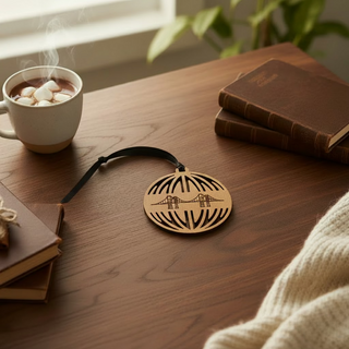 A round wooden holiday ornament with a bridge design engraved in the center, attached to a blue ribbon.