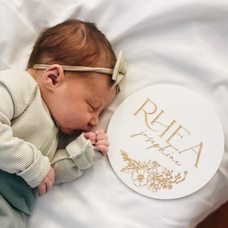 personalized floral baby name announcement plaque white gloss acrylic with gold paint fill