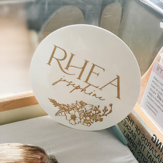 personalized floral name announcement plaque white gloss acrylic with floral gold paint fill